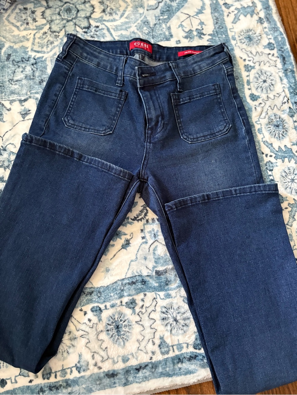Guess Mid Rise Bootcut Jeans in Dark Blue with Red Label